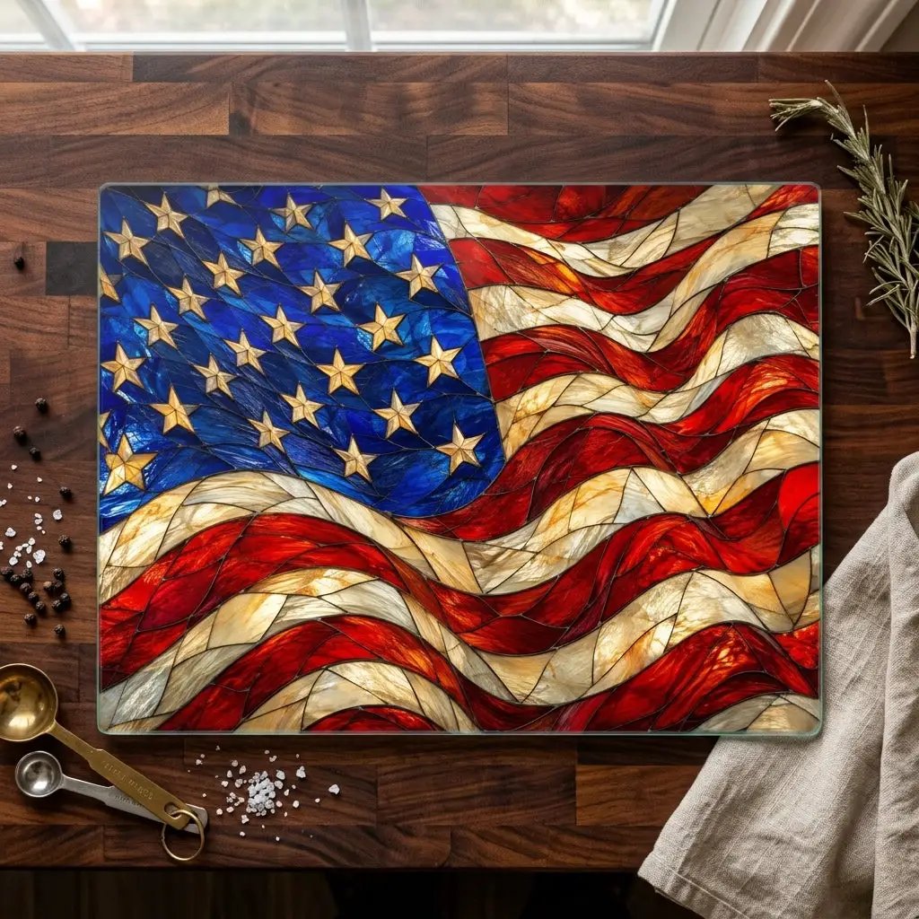 American Patriotic Flag Glass Cutting Board, Stained Glass Style USA Flag, Americana Kitchen Decor, Patriotic Gift
