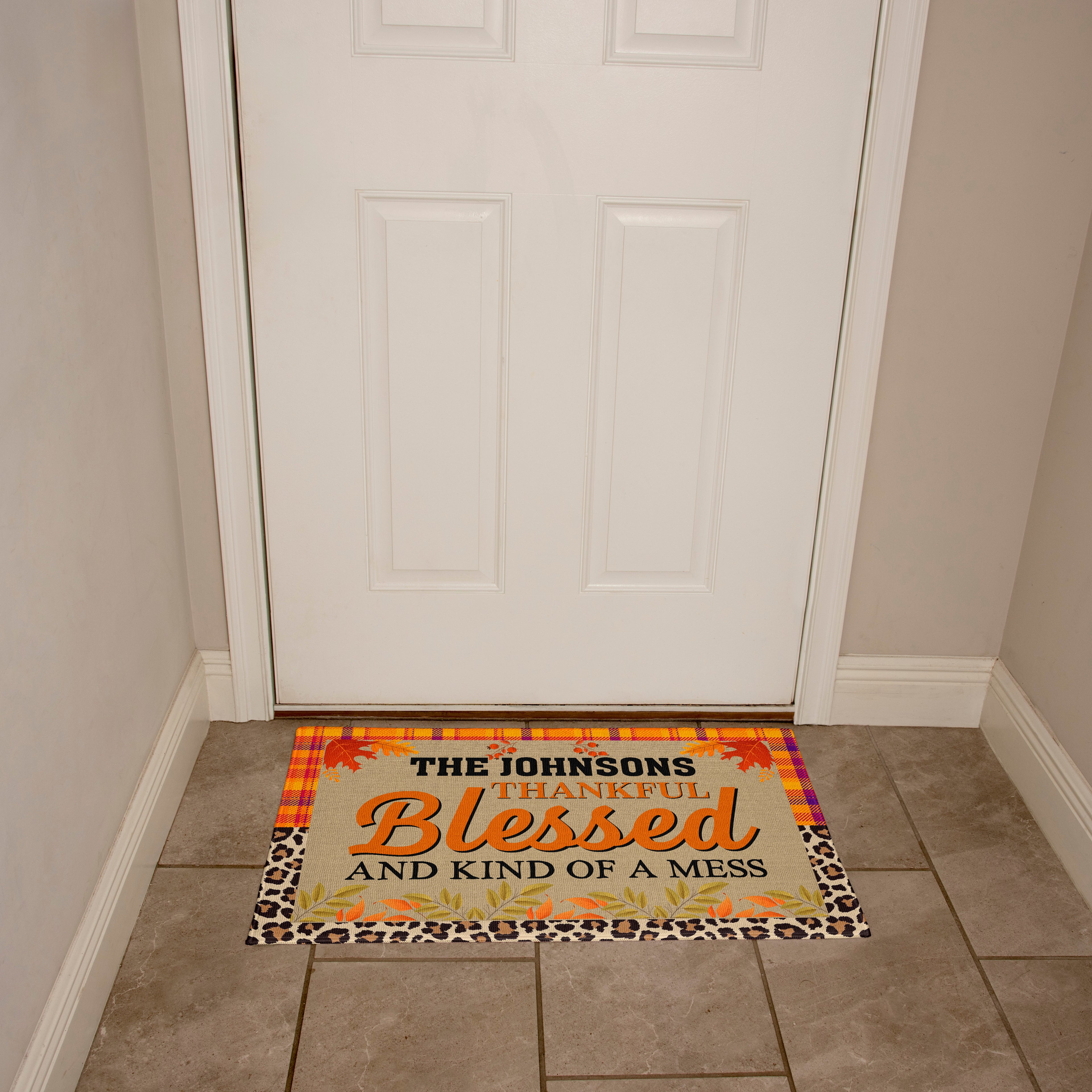 Personalized Thanksgiving Doormat – “Thankful, Blessed, and Kind of a Mess” Custom Family Name Fall Welcome Mat with Plaid and Leopard Print Design