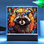 Raccoon Stained Glass Acrylic LED Light Plaque – Custom Animal Art Gift with Wooden Base