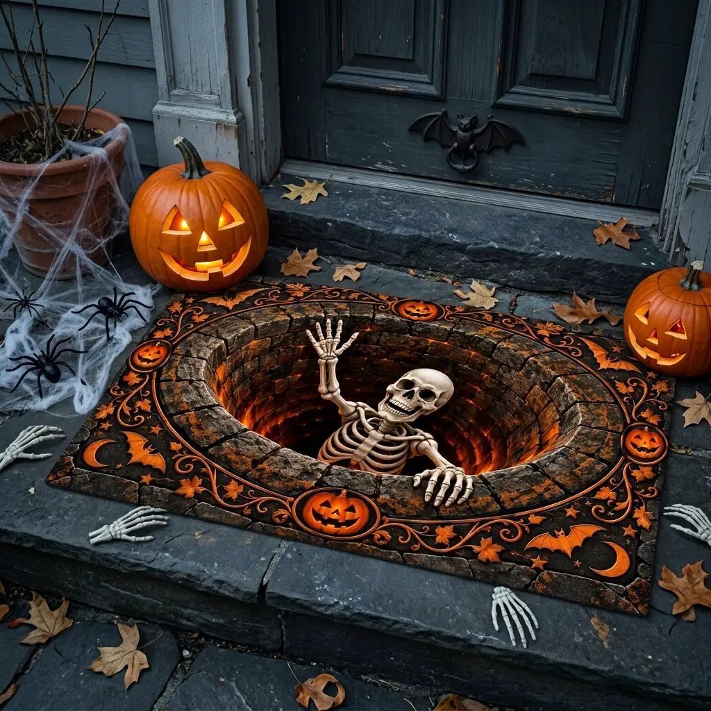Skeleton Halloween 3D Doormat, Skeleton Pit Illusion Door Mat, Spooky Halloween Welcome Mat, Pumpkin Gothic Porch Decor