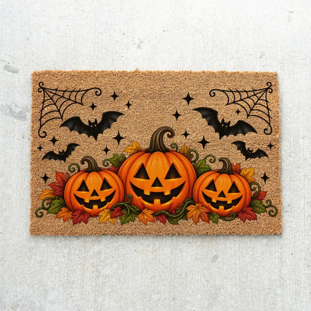 Halloween Pumpkin Doormat, Jack O Lantern Coir Welcome Mat, Fall Front Porch Decor, Spooky Bat Door Mat, Autumn Halloween Entryway