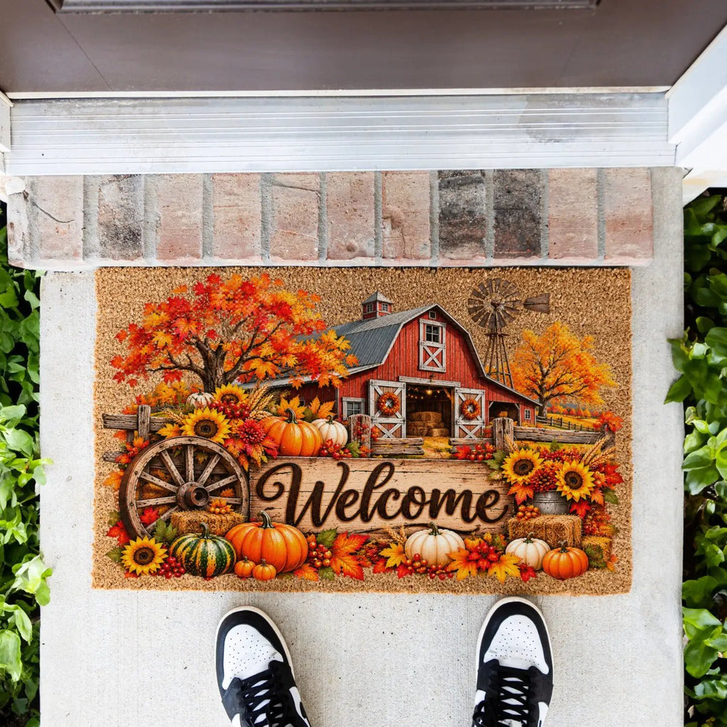 Fall Barn Welcome Doormat, Country Farmhouse Coir Mat, Autumn Pumpkin Door Mat, Harvest Porch Decor, Rustic Thanksgiving Welcome Mat