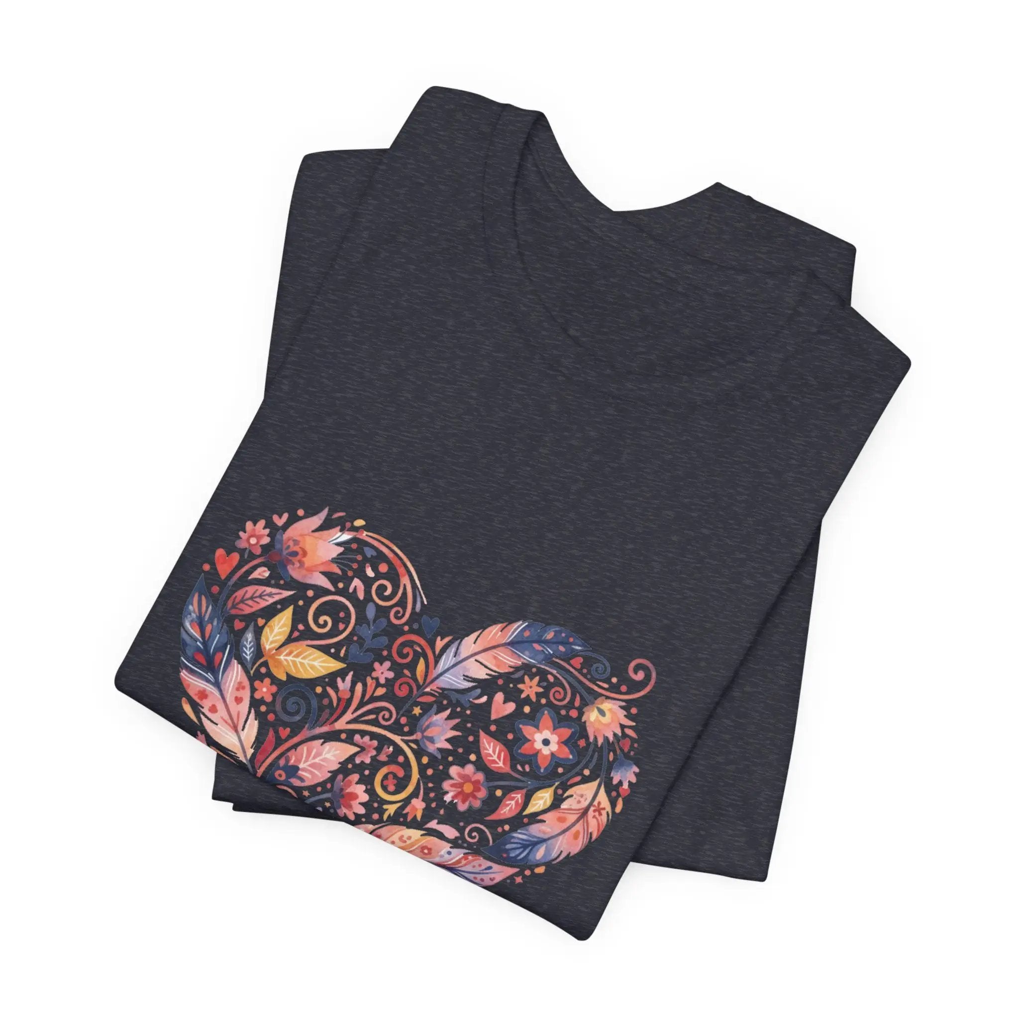 Floral Heart Graphic Tee — Boho Feather & Flower Design - Mallard Moon
