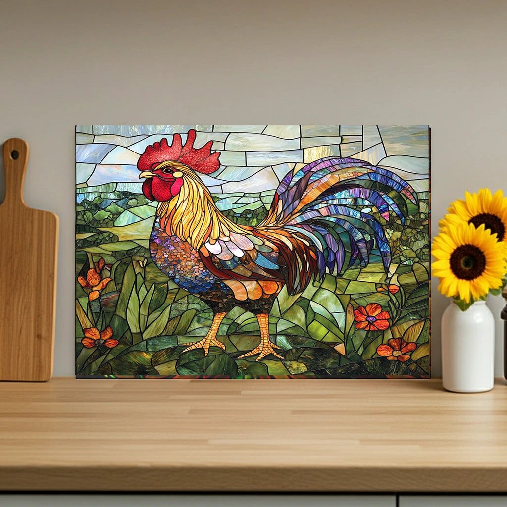Rooster Mosaic Glass Cutting Board – Colorful Stained-Glass Kitchen Decor