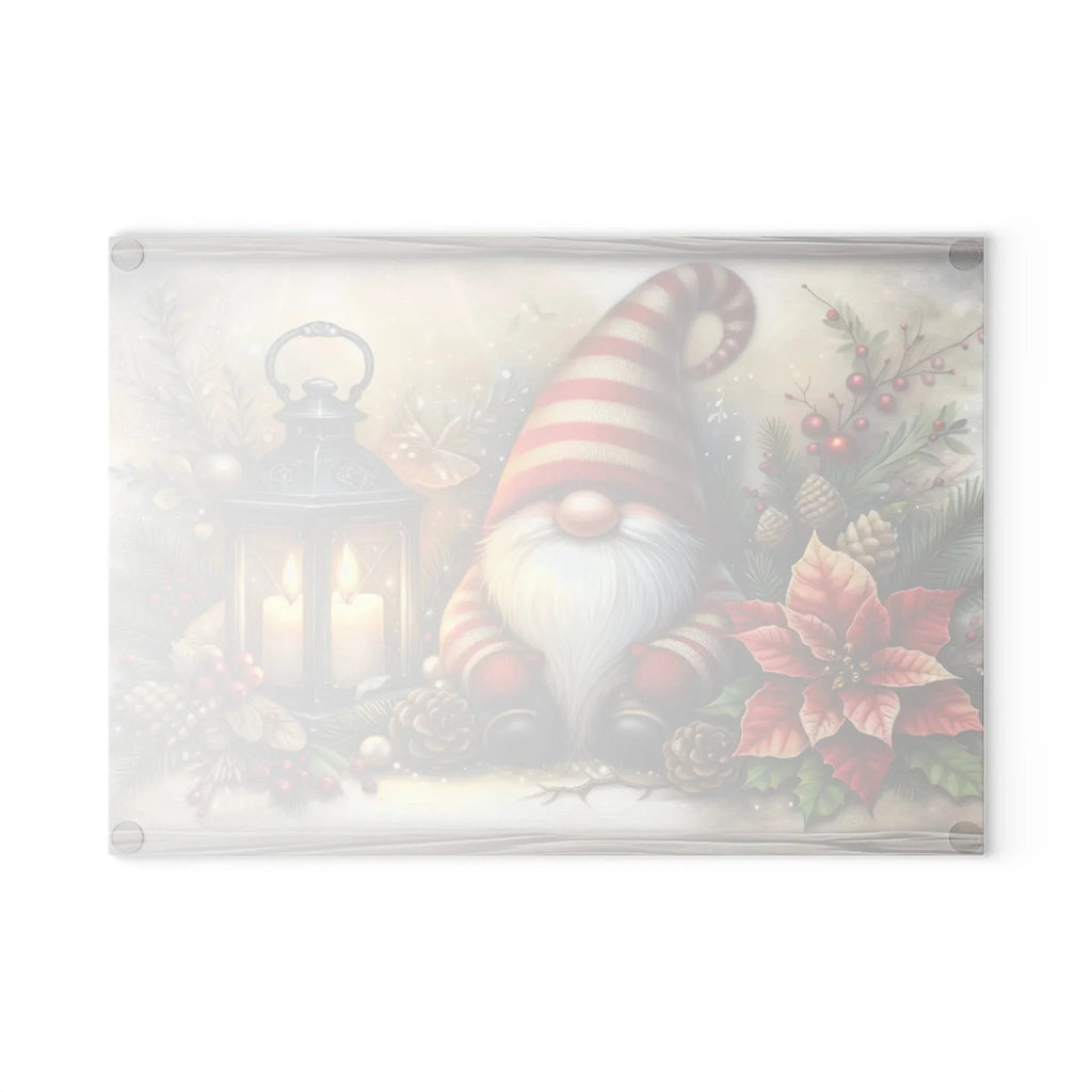 Christmas Gnome Glass Cutting Board — Festive Poinsettia & Lantern Kitchen Decor