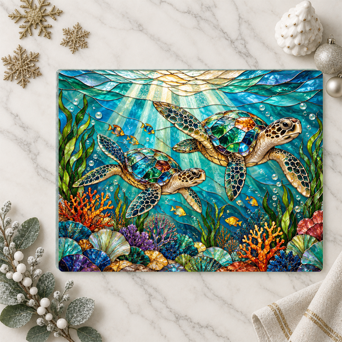 Sea Turtle Glass Cutting Board, Ocean Kitchen Decor, Coastal Chopping Board, Underwater Sea Life Gift, Marine Turtle Kitchen Art Piece