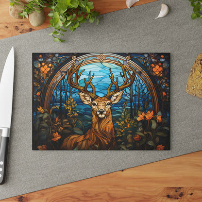 Glass Cutting Board - Stained Glass Stag Design