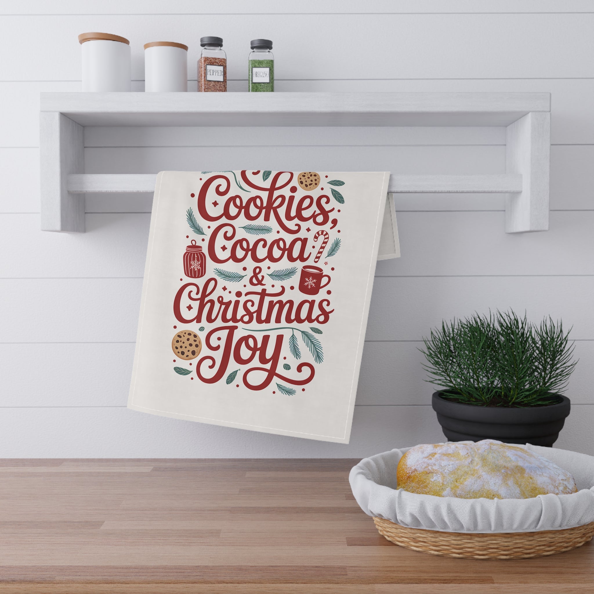 Christmas Cookies & Cocoa Tea Towel — Holiday Kitchen Dish Towel