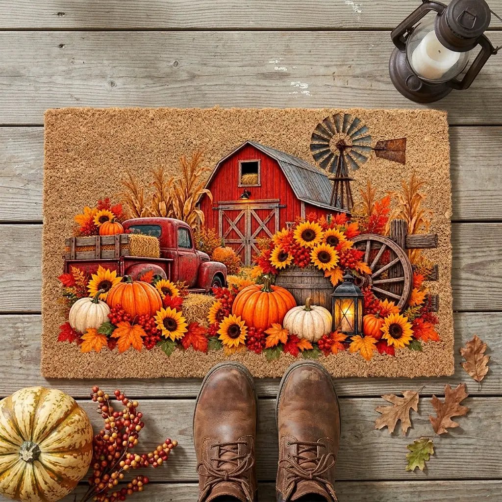 Fall Farmhouse Doormat, Country Barn Coir Mat, Pumpkin Harvest Welcome Mat, Rustic Autumn Porch Decor, Farmhouse Fall Door Mat
