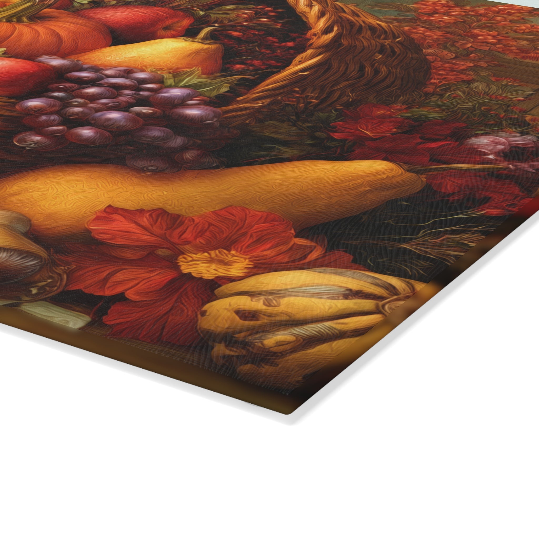 Autumn Harvest Glass Cutting Board — Pumpkin & Fruit Still Life Kitchen Décor