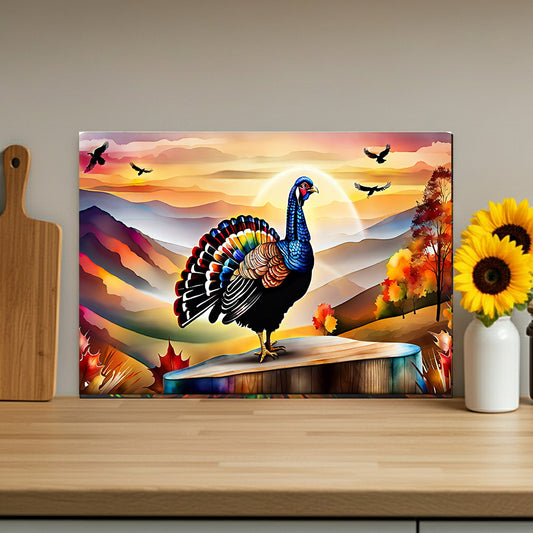 Glass Cutting Board — Colorful Turkey Sunset Kitchen Cutting Board, Autumn Farmhouse Décor