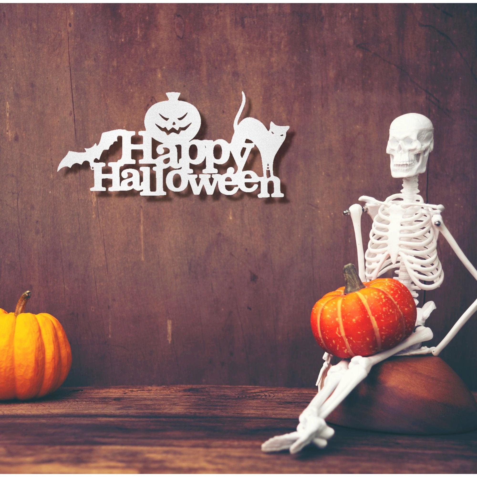 Happy Halloween Metal Wall Art Sign – Pumpkin Bat Cat Halloween Decor – Outdoor Powder Coated Steel Sign – Spooky Farmhouse Porch Decor