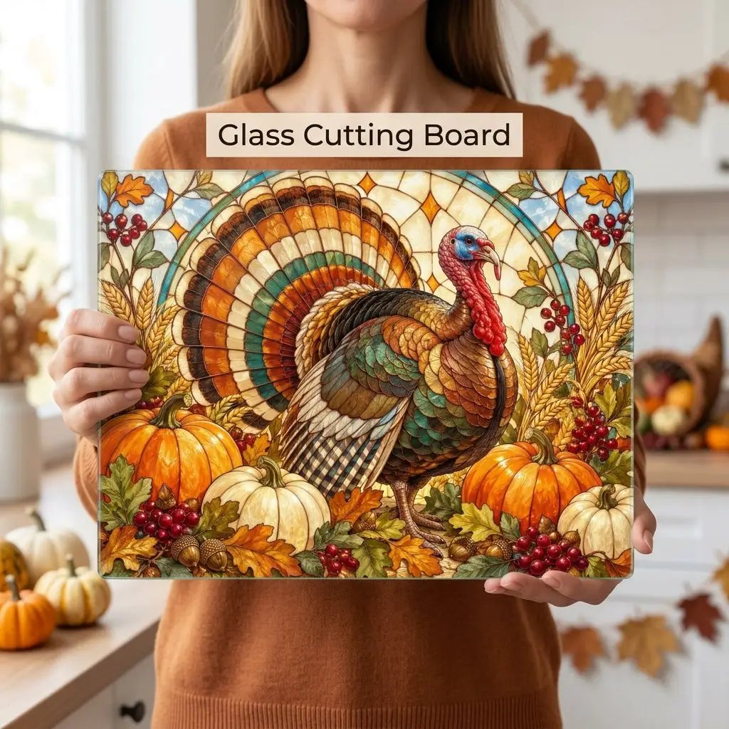 Thanksgiving Turkey Glass Cutting Board, Fall Harvest Kitchen Decor, Pumpkin Turkey Chopping Board, Thanksgiving Hostess Gift