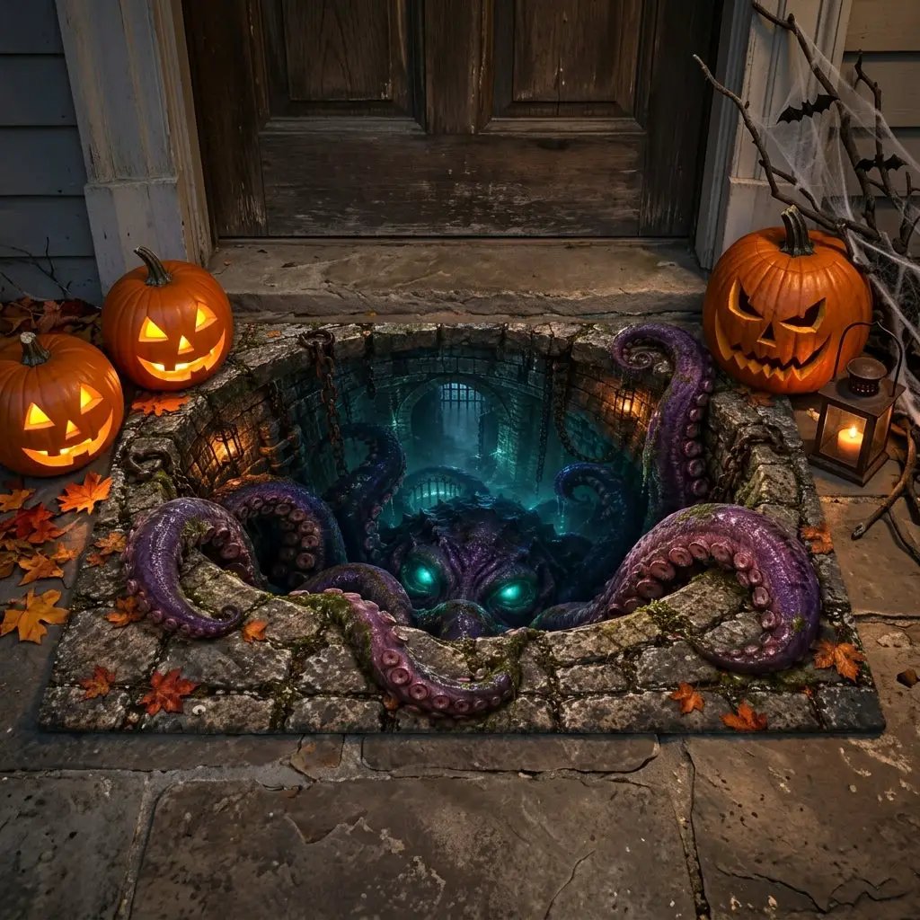Tentacle Monster 3D Optical Illusion Doormat, Creepy Dungeon Floor Mat, Scary Octopus Monster Door Mat, Horror Halloween Decor