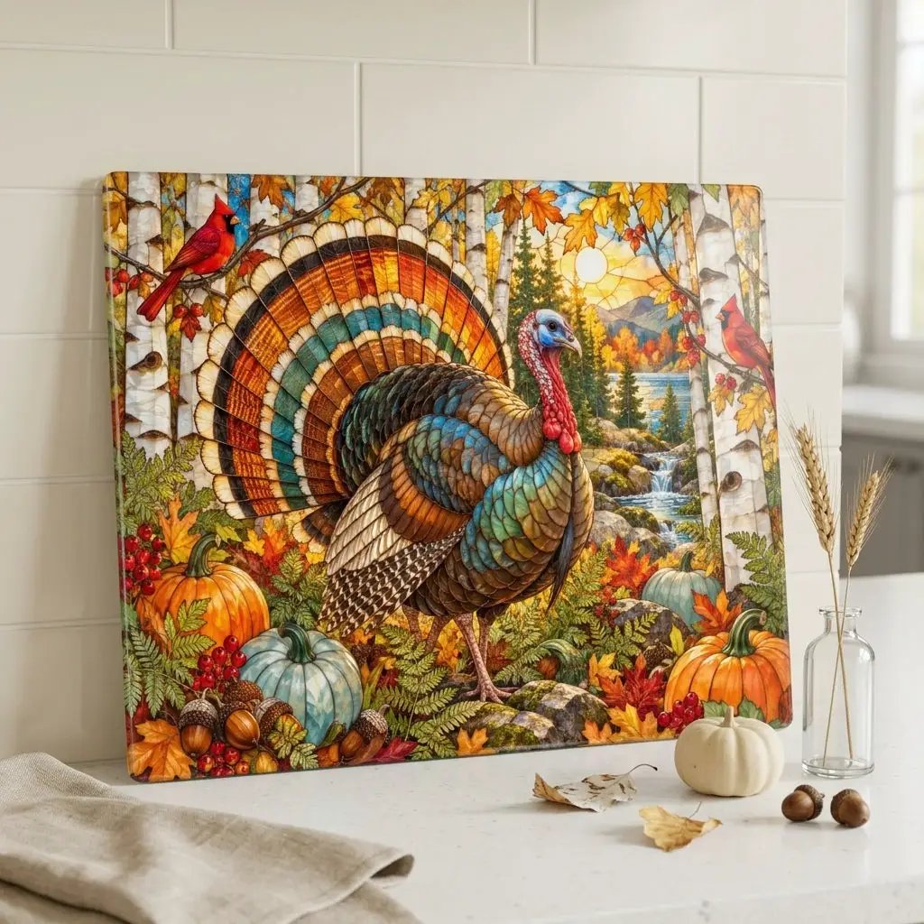 Thanksgiving Turkey Glass Cutting Board, Woodland Turkey Kitchen Decor, Fall Cardinal Birch Forest Cutting Board, Autumn Gift