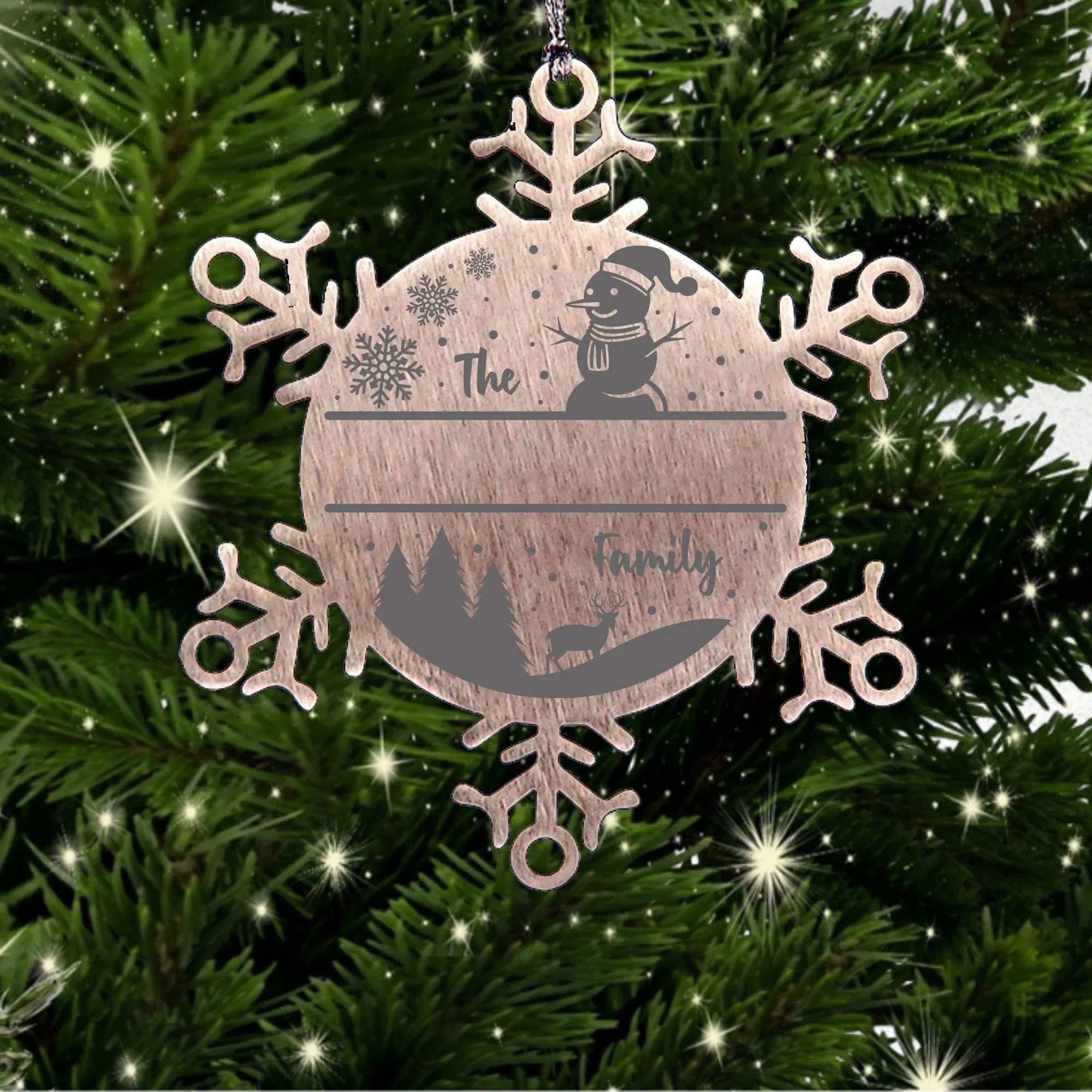 Personalized Snowman Snowflake Christmas Tree Ornament Family Name Laser Engraved Stainless Steel