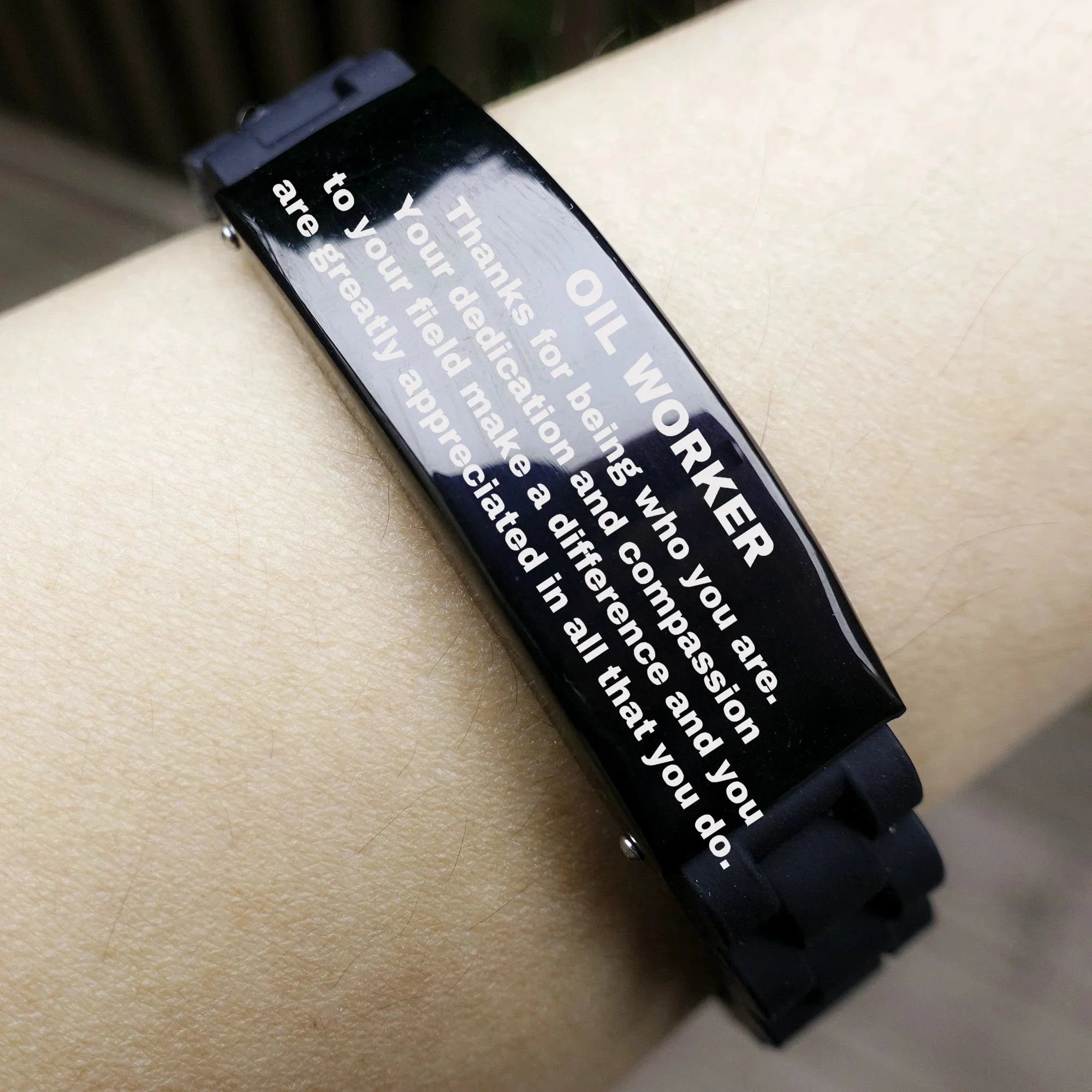 Oil Worker Glidelock Bracelet – Engraved Black Stainless Steel and Silicone Wristband Gift for Oil Workers – Appreciation Gift for Him or Her