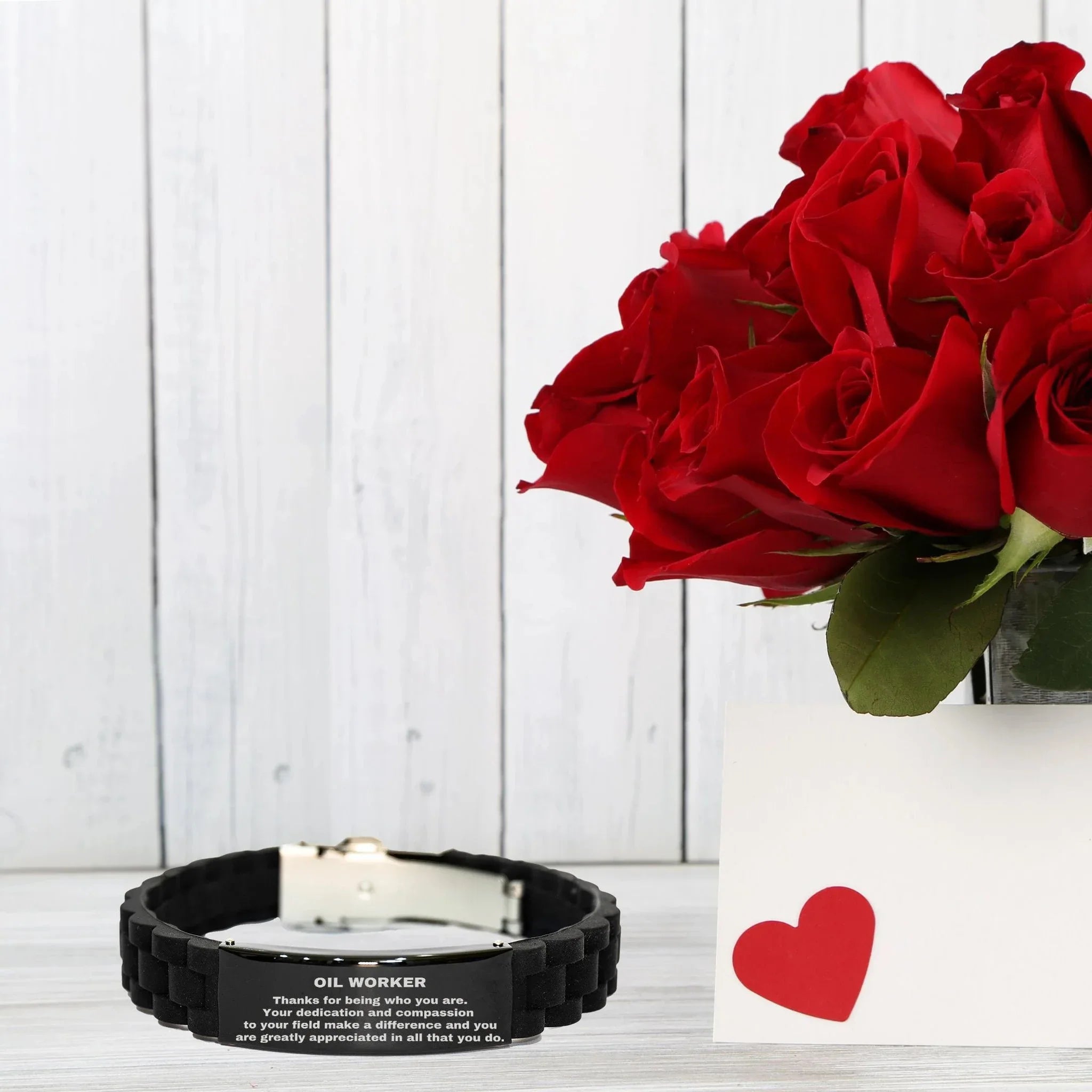 Oil Worker Glidelock Bracelet – Engraved Black Stainless Steel and Silicone Wristband Gift for Oil Workers – Appreciation Gift for Him or Her