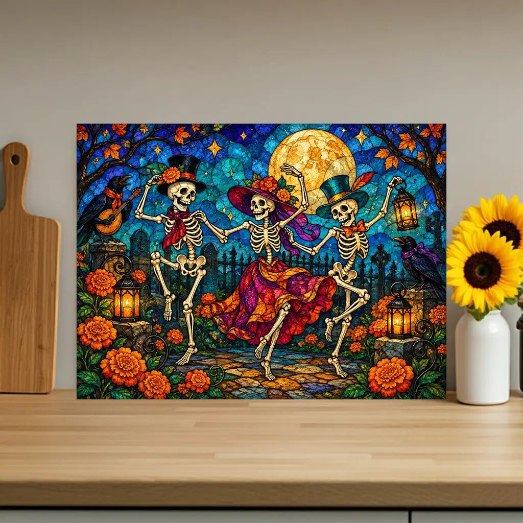 Halloween Dancing Skeletons Personalized Glass Cutting Board, Spooky Pumpkin Kitchen Decor