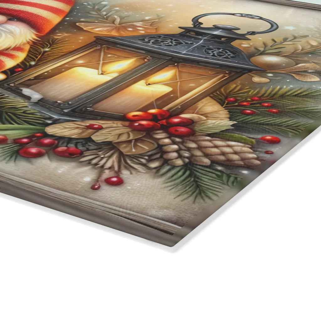Christmas Gnome Glass Cutting Board — Festive Poinsettia & Lantern Kitchen Decor