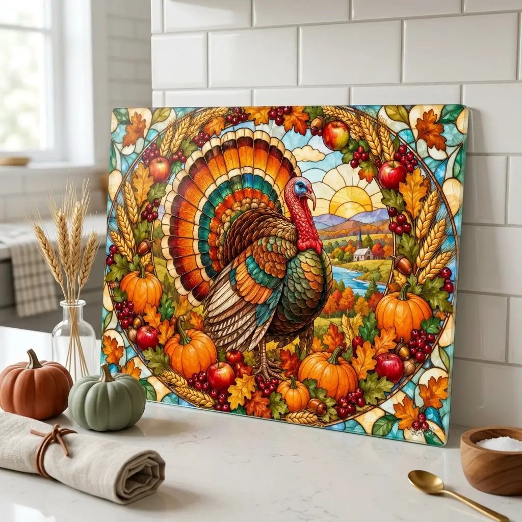 Thanksgiving Turkey Glass Cutting Board, Harvest Wreath Kitchen Decor, Stained Glass Fall Turkey, Pumpkin Apple Autumn Gift