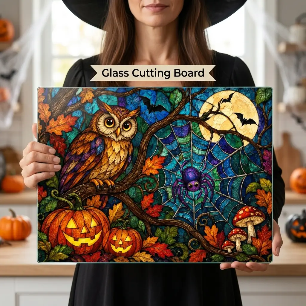 Halloween Owl Personalized Glass Cutting Board, Spooky Spider Kitchen Decor