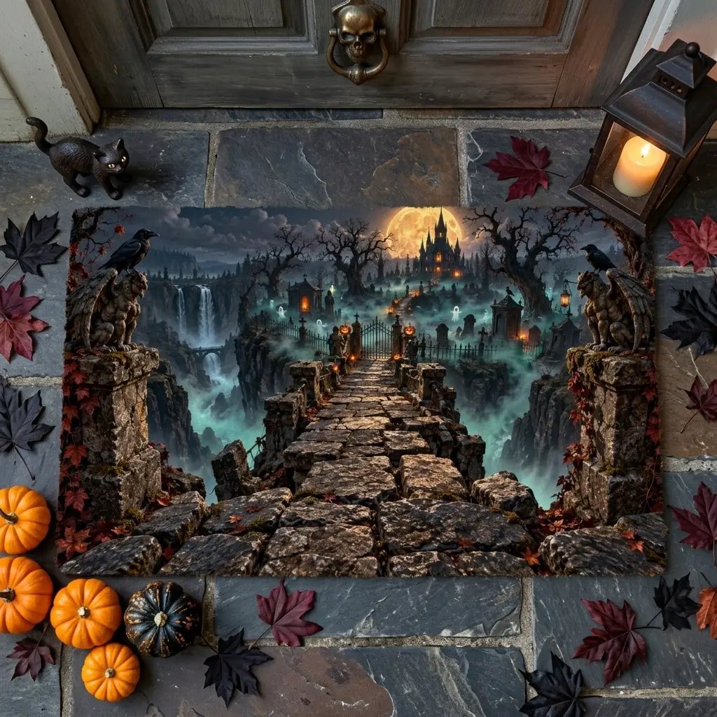 Haunted Graveyard 3D Doormat, Spooky Halloween Door Mat, Gothic Cemetery Welcome Mat, Haunted Castle Halloween Porch Decor