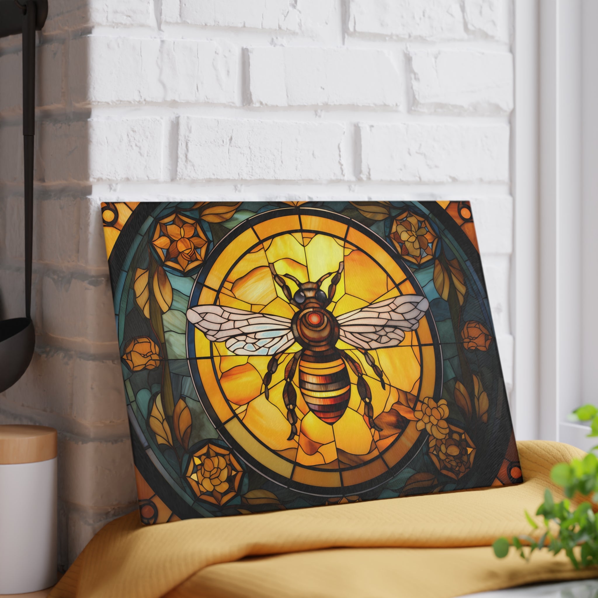 Bee Stained Glass Glass Cutting Board — Decorative Floral Kitchen Board