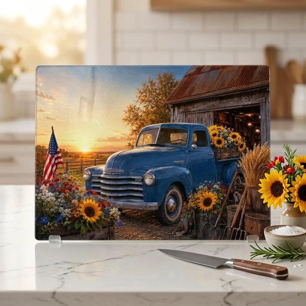 Blue Vintage Truck Glass Cutting Board, Sunflower Farmhouse Kitchen Decor, Country Americana Cutting Board, Rustic Farmhouse Gift