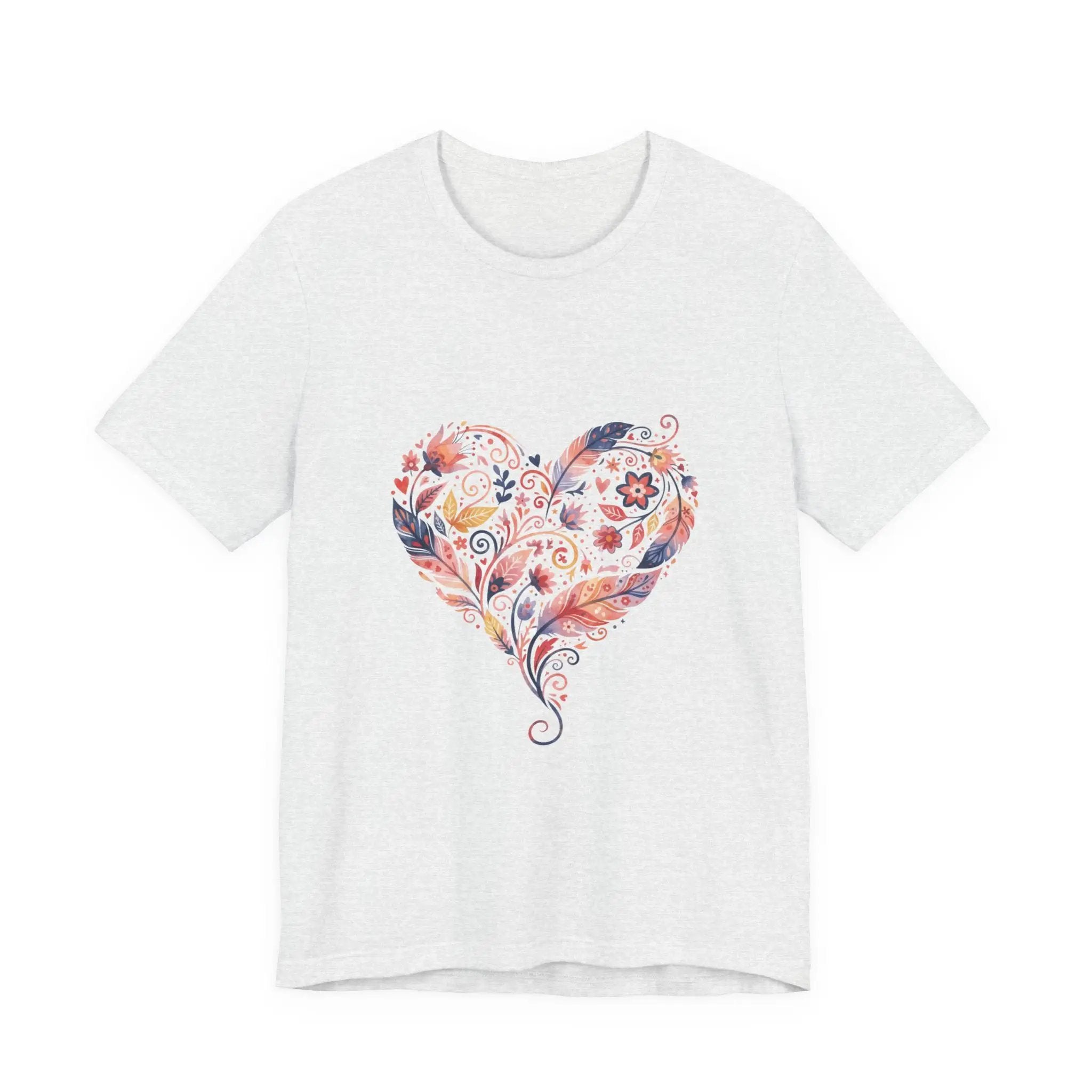 Floral Heart Graphic Tee — Boho Feather & Flower Design - Mallard Moon