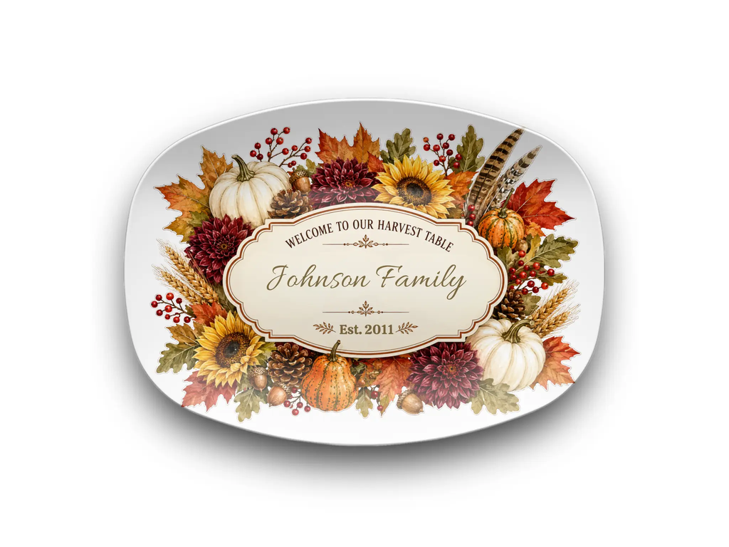 Personalized Thanksgiving Platter, Custom Family Name Harvest Serving Platter, Woodland Fall Decor, Pumpkin Sunflower Hostess Gift, 10x14