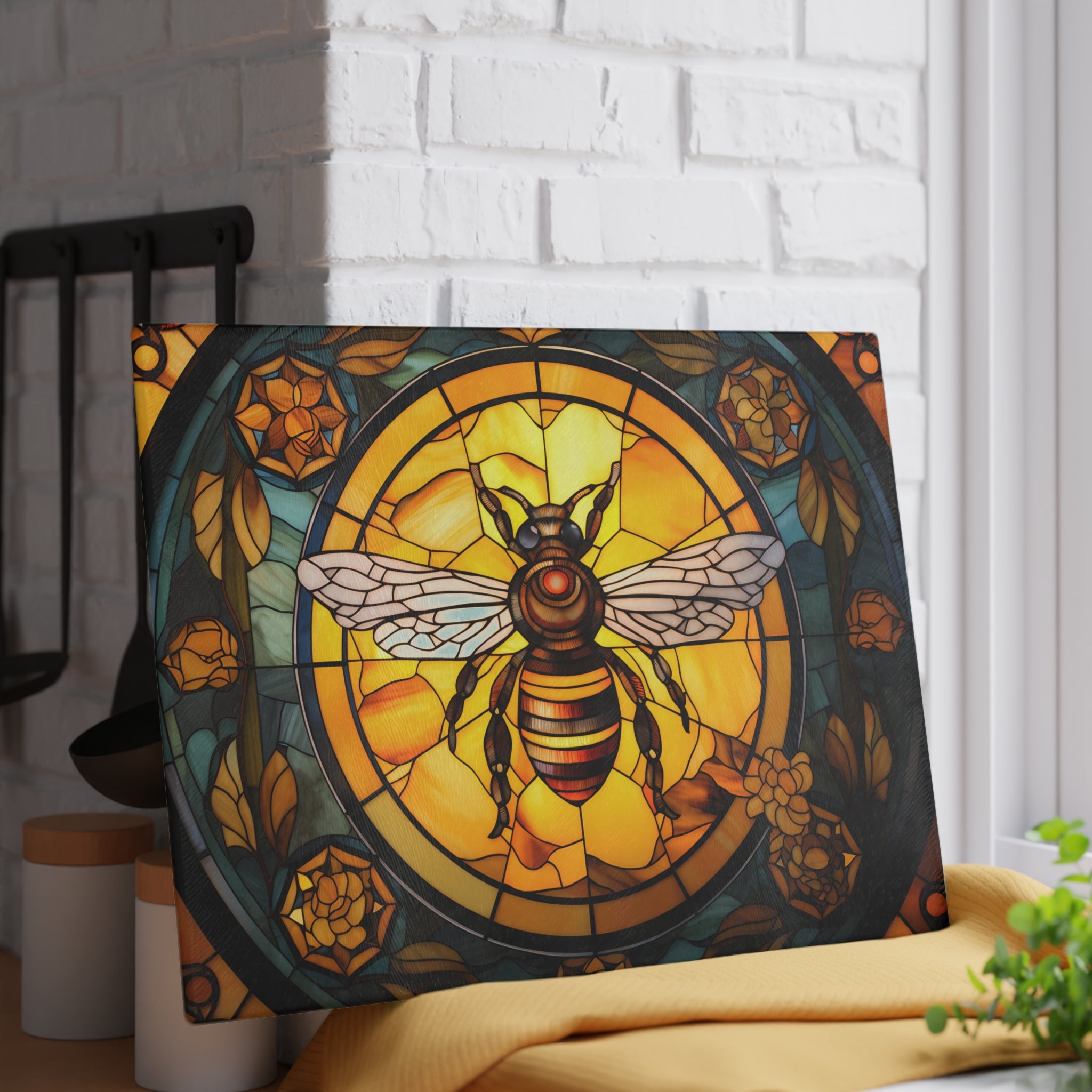 Bee Stained Glass Glass Cutting Board — Decorative Floral Kitchen Board