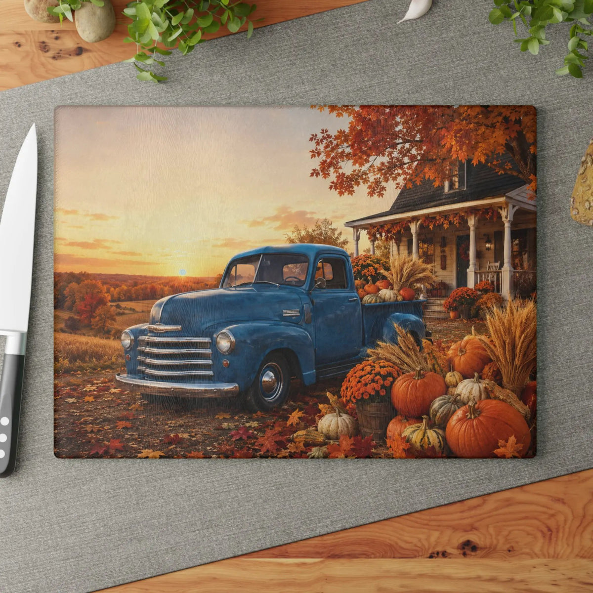 Vintage Blue Truck Autumn Glass Cutting Board — Fall Pumpkin Farm Kitchen Decor