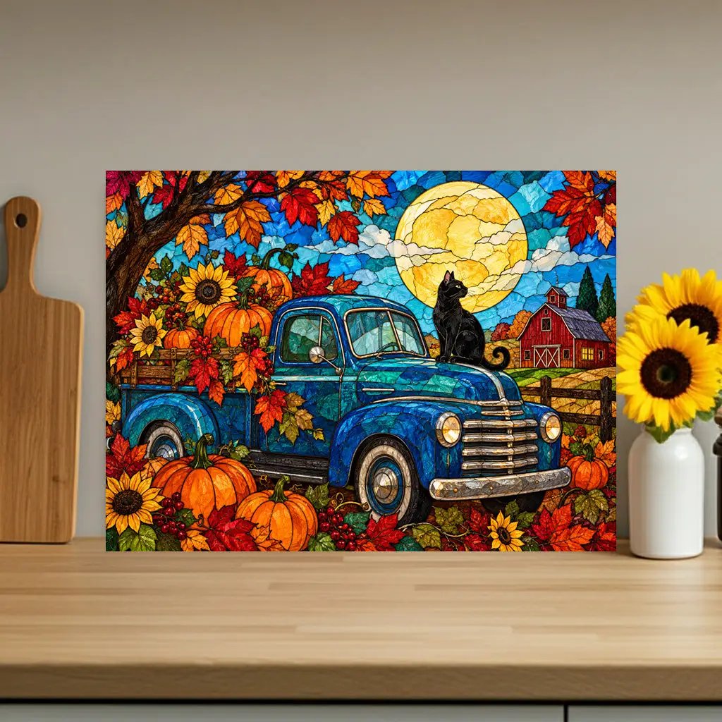 Halloween Fall Truck Personalized Glass Cutting Board, Spooky Pumpkin Kitchen Decor