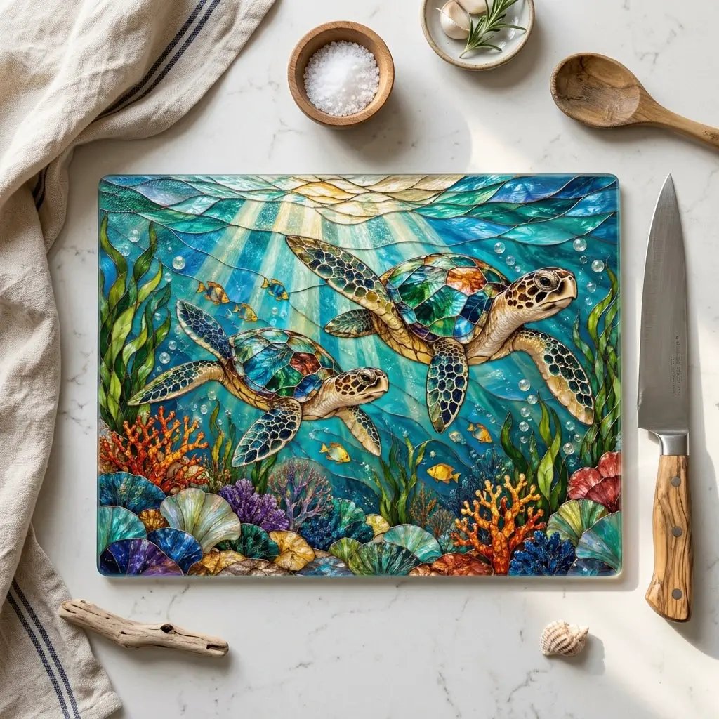 Sea Turtle Glass Cutting Board, Ocean Kitchen Decor, Coastal Chopping Board, Underwater Sea Life Gift, Marine Turtle Kitchen Art Piece