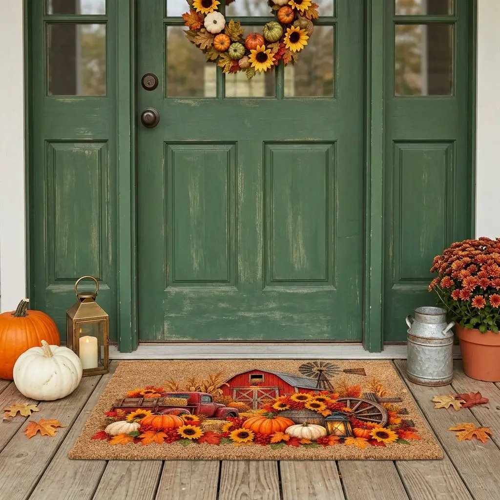 Fall Farmhouse Doormat, Country Barn Coir Mat, Pumpkin Harvest Welcome Mat, Rustic Autumn Porch Decor, Farmhouse Fall Door Mat