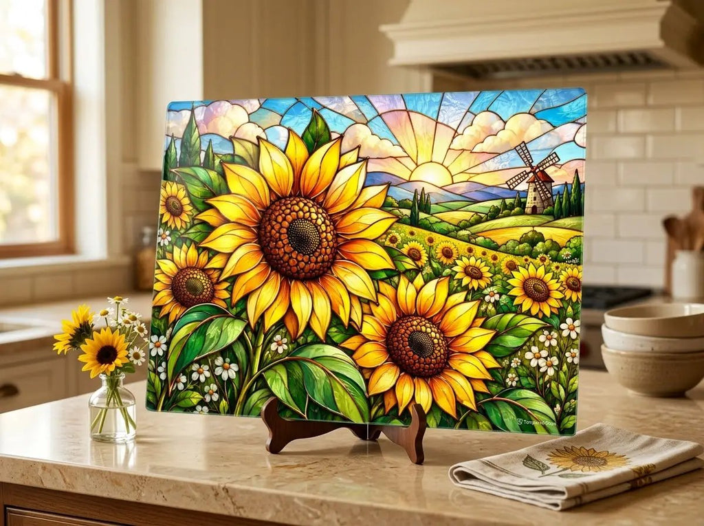 Sunflower Glass Cutting Board, Windmill Kitchen Decor, Sunflower Meadow Cutting Board, Country Floral Gift, Stained Glass Kitchen Art