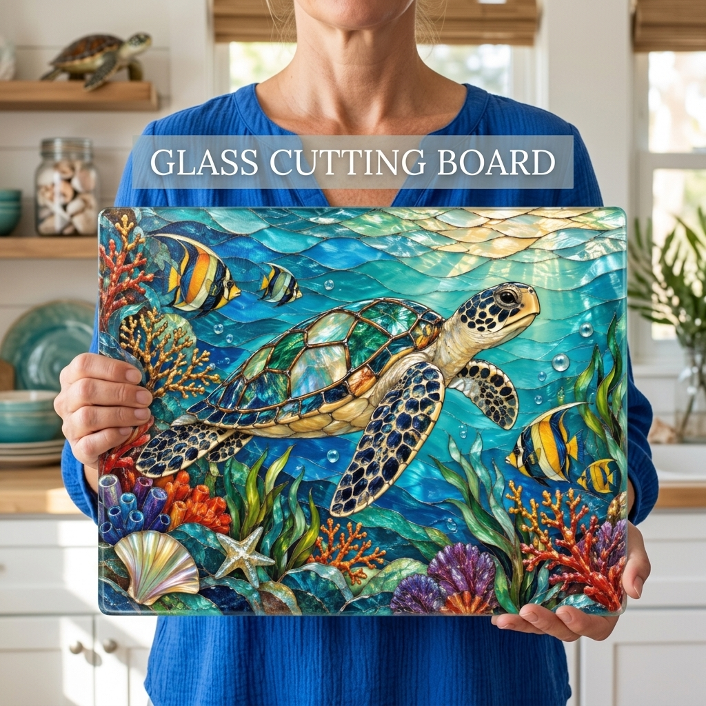 Sea Turtle Reef Glass Cutting Board, Ocean Kitchen Decor, Underwater Coral Sea Life Chopping Board, Coastal Housewarming Gift Idea