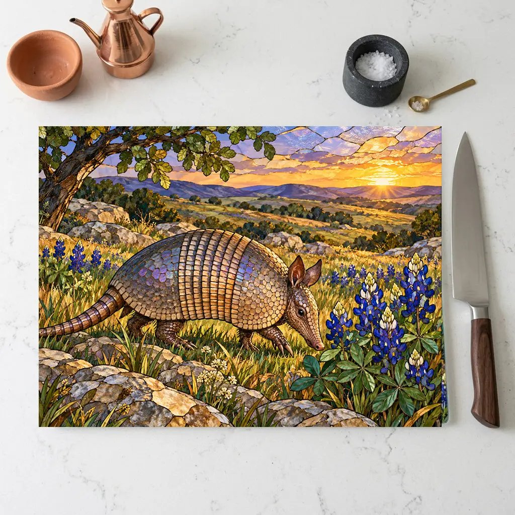 Texas Armadillo Glass Cutting Board, Bluebonnet Kitchen Decor, Wildlife Chopping Board, Southwestern Countryside Kitchen Gift, 2 Sizes