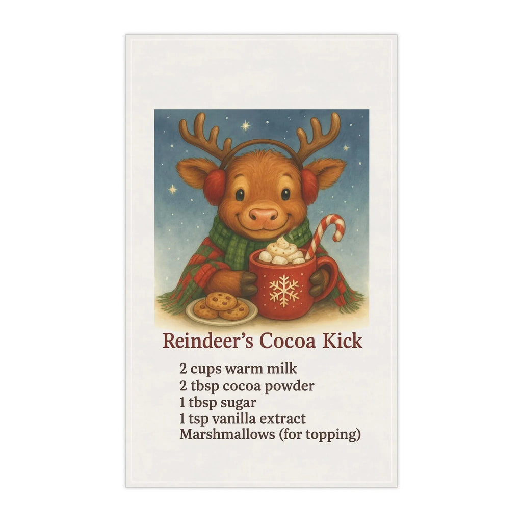 Reindeer Cocoa Kick Tea Towel — Holiday Hot Chocolate Recipe Kitchen Towel