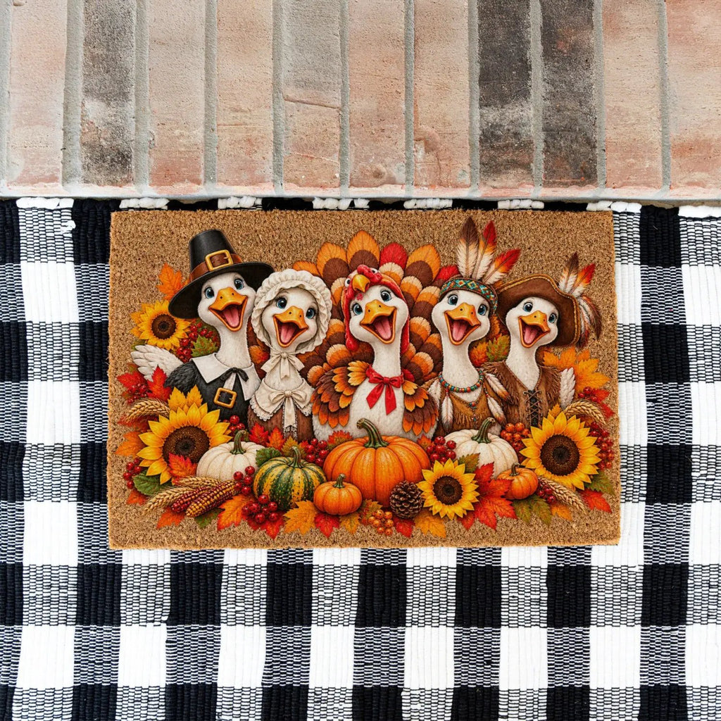 Thanksgiving Goose Doormat, Pilgrim Geese Welcome Mat, Funny Thanksgiving Porch Decor, Fall Coir Doormat, Harvest Front Door Mat