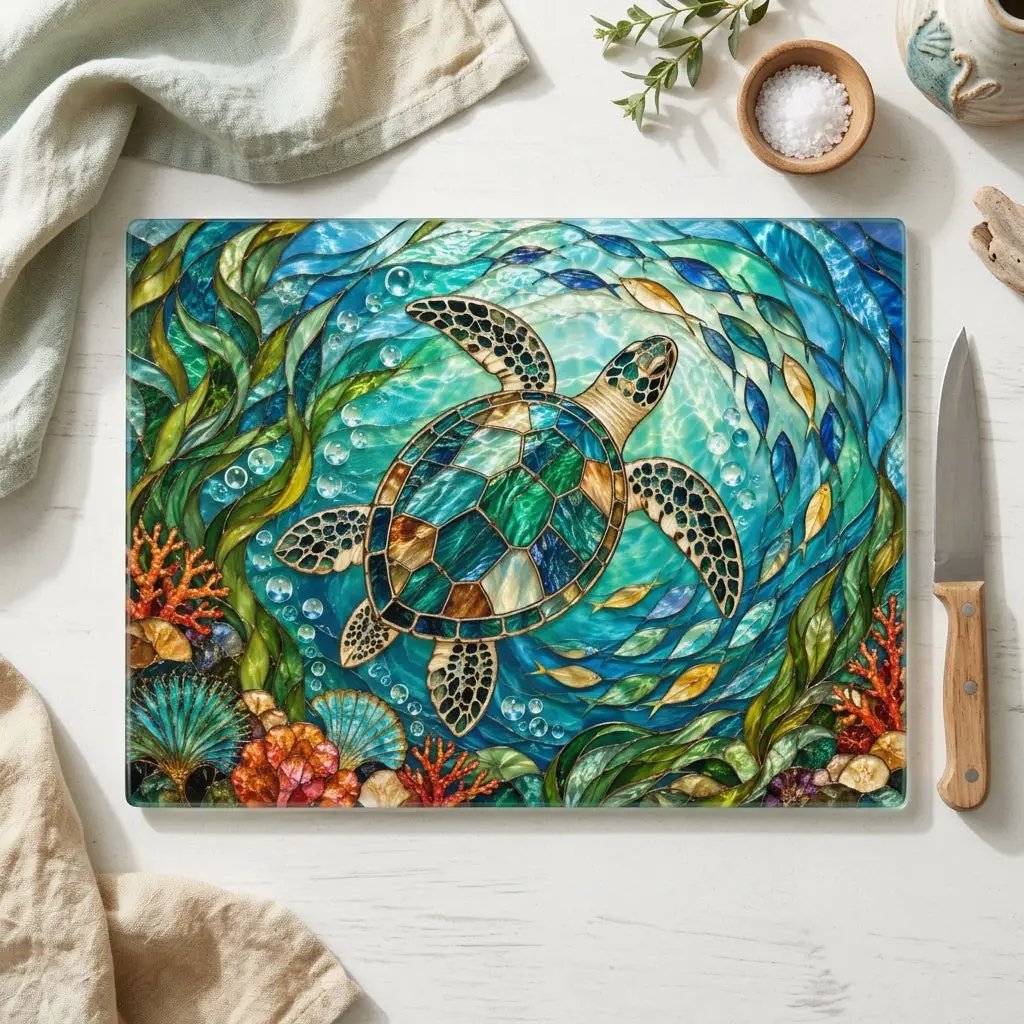 Sea Turtle Glass Cutting Board, Ocean Kitchen Decor, Coastal Serving Board, Underwater Sea Life Chopping Board, Beach House Gift Idea