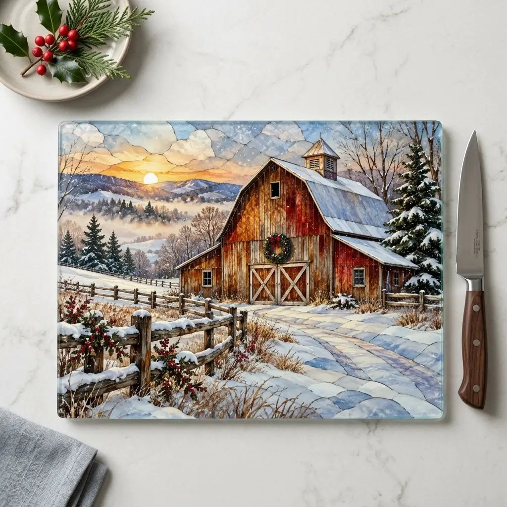 Snowfall Ridge Winter Barn Personalized Cutting Board, Country Farmhouse Kitchen Decor, Stained Glass Farm Scene, Rustic Christmas Gift, Custom Family Gift