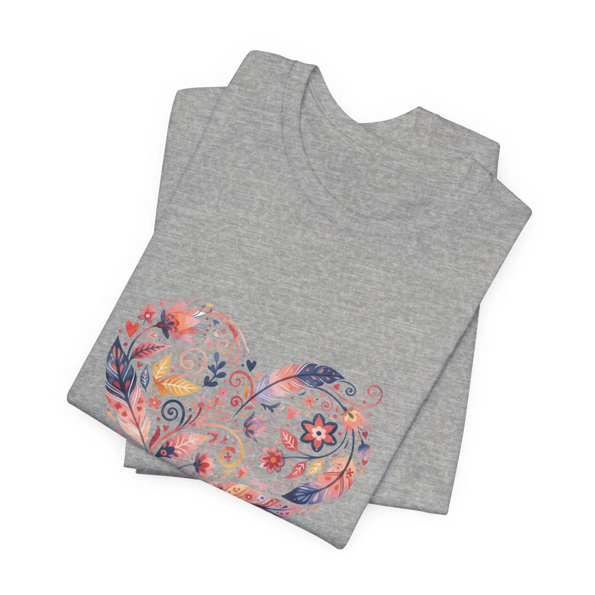 Floral Heart Graphic Tee — Boho Feather & Flower Design - Mallard Moon