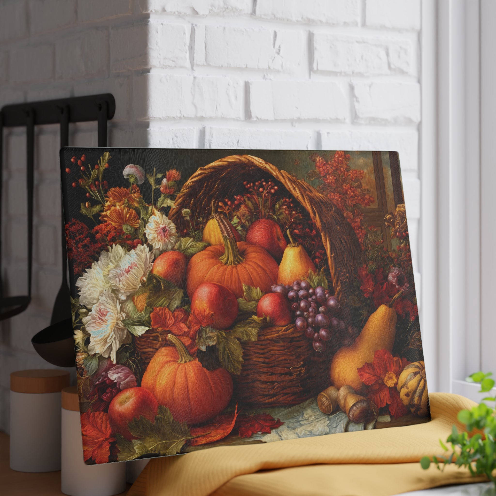 Autumn Harvest Glass Cutting Board — Pumpkin & Fruit Still Life Kitchen Décor