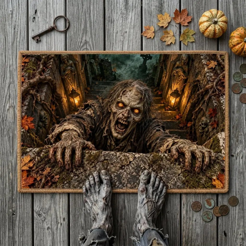 Zombie 3D Illusion Doormat, Graveyard Halloween Door Mat, Undead Zombie Welcome Mat, Haunted Crypt Optical Illusion, Spooky Porch Decor