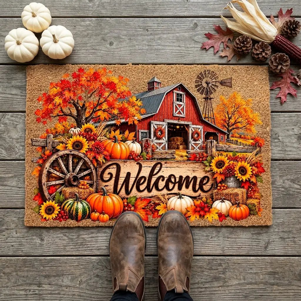 Fall Barn Welcome Doormat, Country Farmhouse Coir Mat, Autumn Pumpkin Door Mat, Harvest Porch Decor, Rustic Thanksgiving Welcome Mat