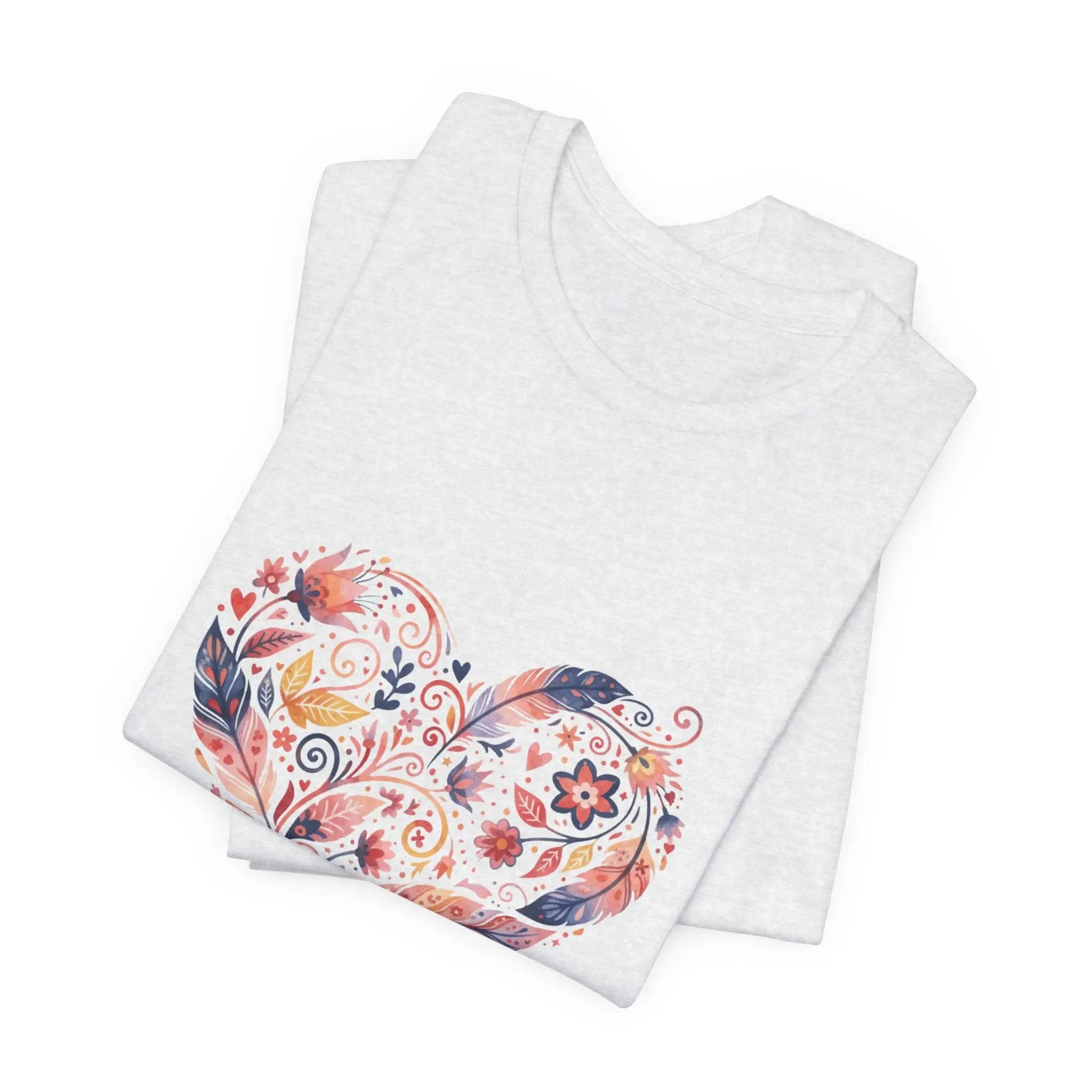 Floral Heart Graphic Tee — Boho Feather & Flower Design - Mallard Moon