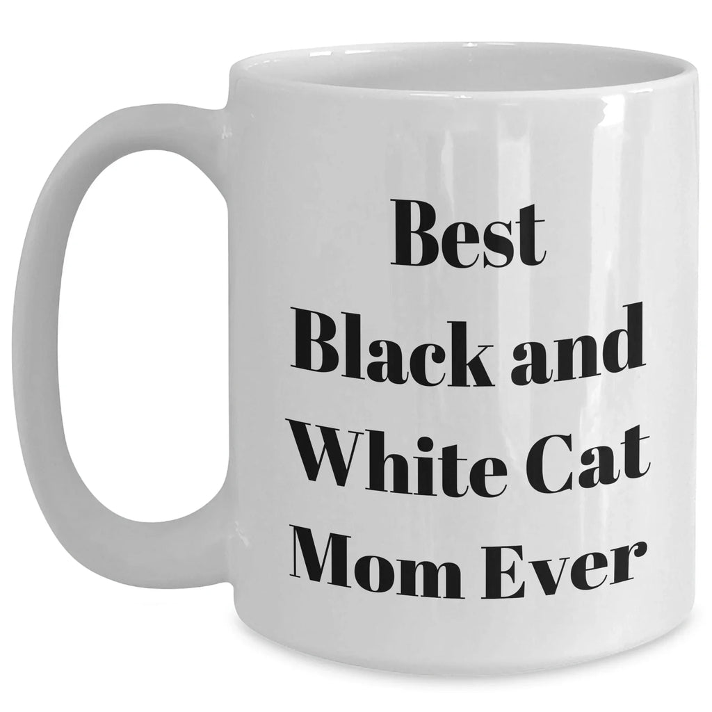 Funny Black and White Cat Mom Gifts for Mother's Day Unique White Coffee Mug, 'Best Black And White Cat Mom Ever'