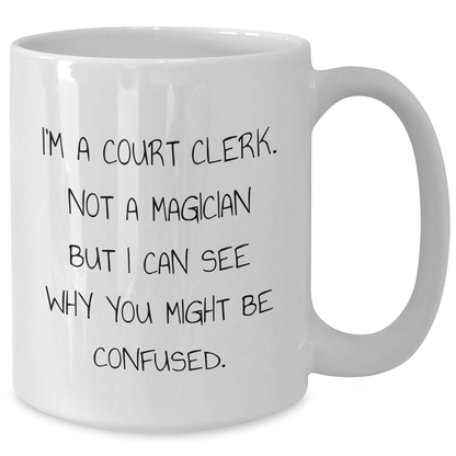 Funny Court Clerk Gifts, White Coffee Mug for Court Clerk, Graduation Unique Gifts from Friends, 'I'm A Court Clerk. Not A Magician But I Can See Why You Might Be Confused.' - Additional
